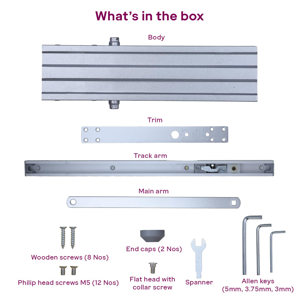 Godrej Door Closer | Cerus Universal Door Closer | Door Weight Capacity : 85kg to 120kg | Max Door Width: 950mm - 1400mm | Adjustable Power Size 3-6 | Pelmet Arm Design | Silver | 3 Yr Warranty